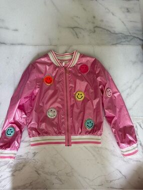 Hannah Banana Shiny Pink Zip-Up Jacket with Smiley Patch